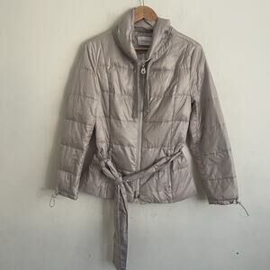 Down Feather Lightweight Puffer Jacket Belted Warm Fall European Style Small